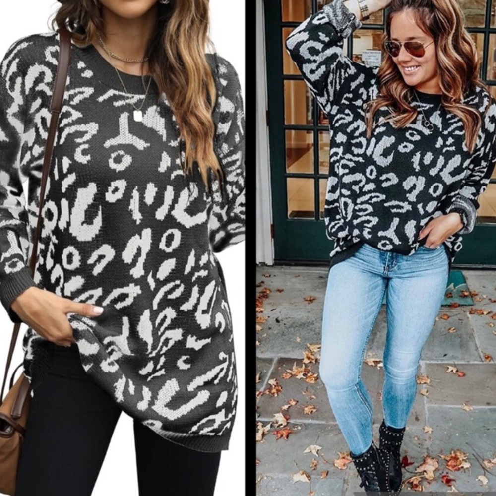 LEOPARD Sweater Small Oversized Knit Winter Cozy